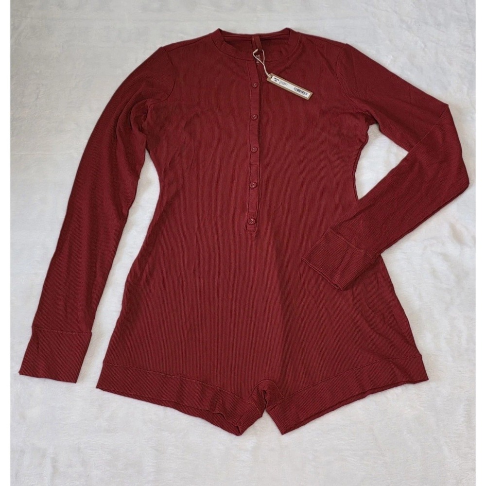 SKIMS Soft Lounge Button Up Henley Romper NWT Size Medium Color Brick Pajamas
